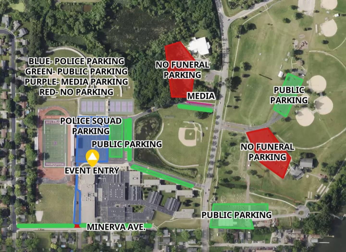 A parking guide at Wauconda High School has been provided for Officer Christian Pascente's visitation and memorial service, set to start at noon Saturday at the school