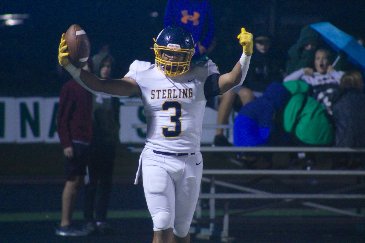 Sterling's Antonio Tablante (3) celebrates his touchdown in the first half against Geneseo on Sept. 24, 2021.