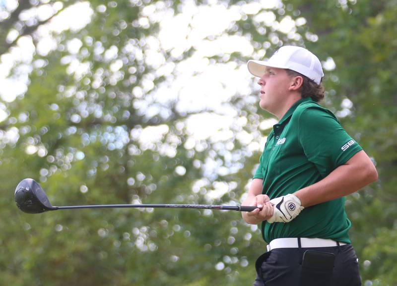 St. Bede's Gavin Lamboley, drives the ball off of the fourth tee during the Streator Bulldog Invitational on Monday, Aug. 25, 2025 at Eastwood Golf Course in Streator.
