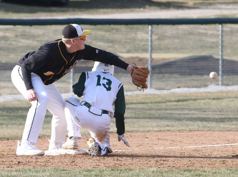 Riverdale's Leyton Nelson catches a late throw to third base as St. Bede's Alex Ankiewicz slides into the bag safely on Monday, March 20, 2023 at St. Bede Academy.