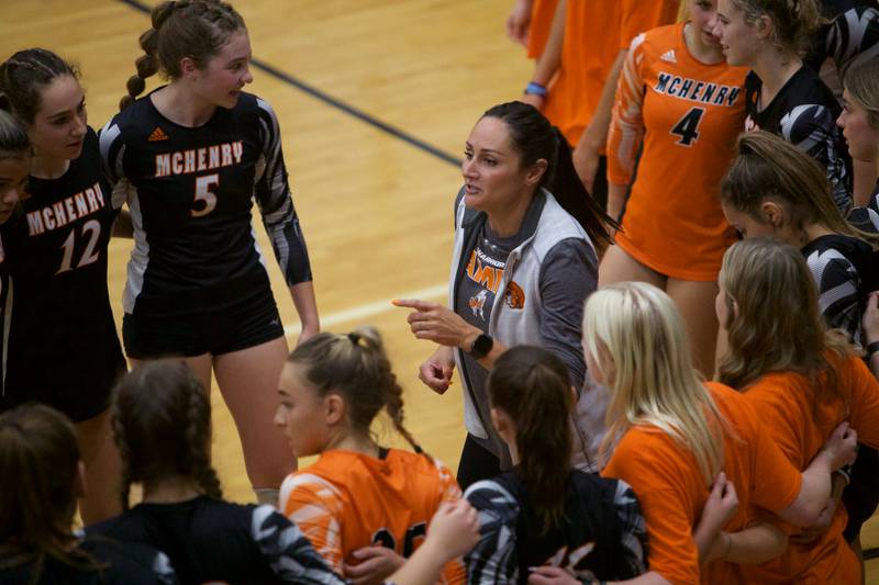 McHenry's Coach Hilary Agnello talks game strategy against Hampshire on Tuesday, Sept. 6,2022 in McHenry.