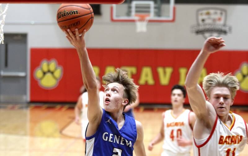 Geneva’s Michael Lawrence gets the ball to the basket during a game at Batavia on Friday, Dec. 16, 2022.