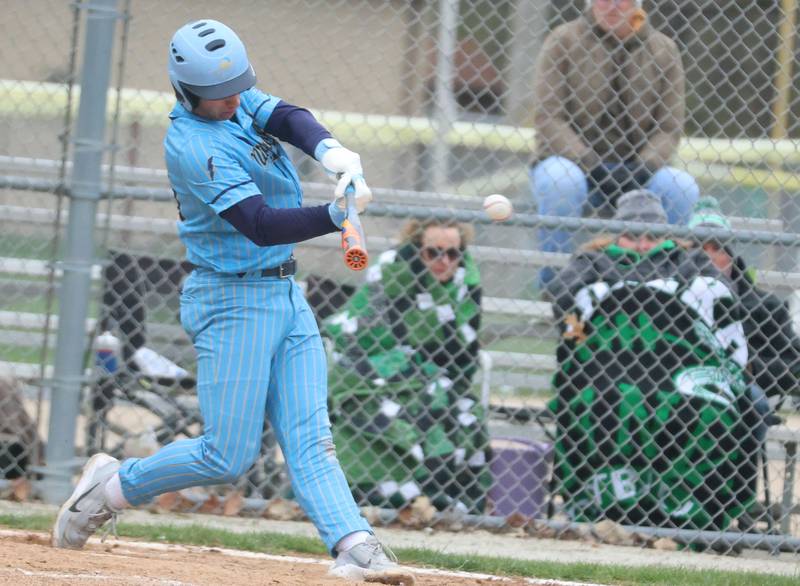 Marquette's Caden Durdan makes contact with the ball against Eureka on Wednesday, April 1, 2026 at Masinelli Field in Ottawa.