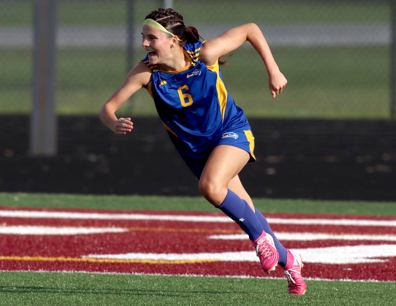 Johnsburg’s Liz Smith is all smiles after scoring against North Shore Country Day to make the score 1-0 in IHSA Class 1A Sectional Title Game action at Richmond-Burton High School in Richmond on Tuesday, May 27, 2025.