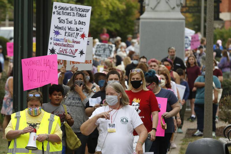 Attendees pack the historic Woodstock Square for a rally for abortion rights on Saturday, Oct. 2, 2021, in Woodstock.