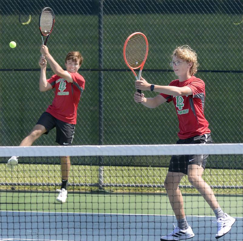 La Salle-Peru’s Joe Pohar and Andrew Bollis compete in a doubles match during the Class 1A Ottawa Boys Tennis Sectional completed Monday, May 23, 2022, at Ottawa.