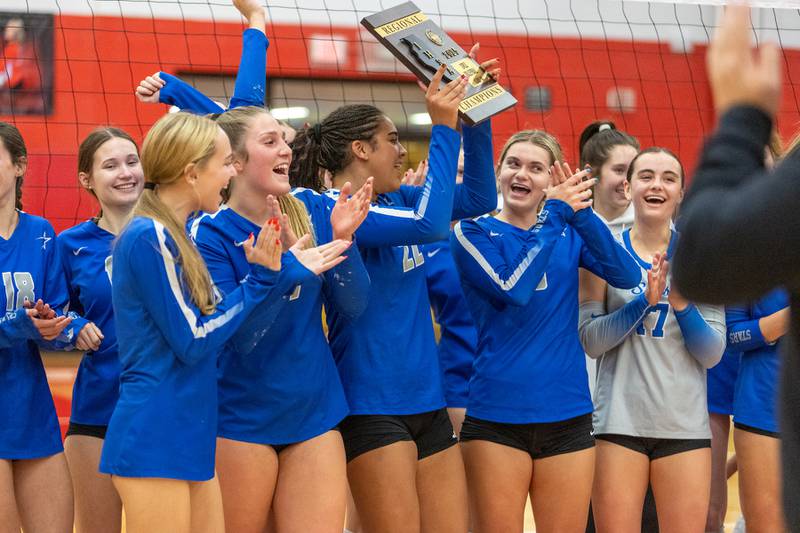 St. Charles North celebrates the win over Naperville Central at the Class 4A Regional Final on Thursday, October 30,2025 in Naperville.