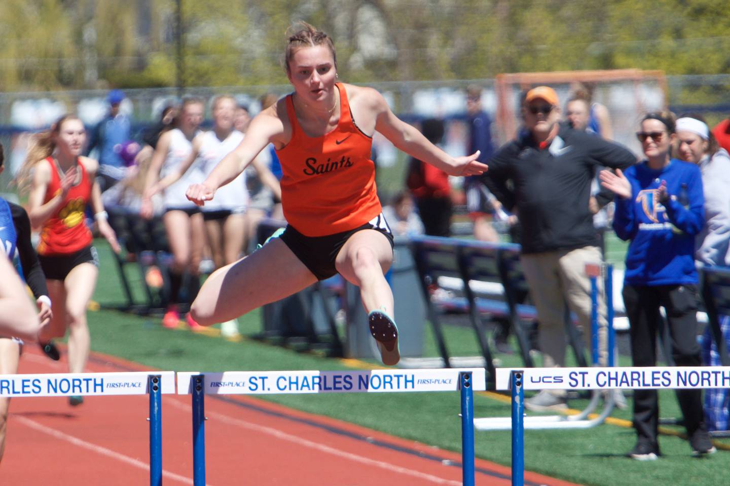 St. Charles East's Katie Kempff competes in the 300 Meter Hurdles at the DuKane Girl's Conference meet at St. Charles North on May 7, 2022 in St. Charles.