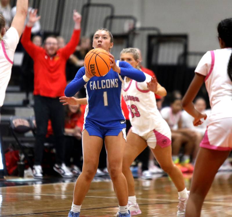 Wheaton North's Adeline Sutton shoots the ball during a Class 4A St. Charles East Sectional semifinal against Batavia on Tuesday, Feb. 25, 2025 in St. Charles.