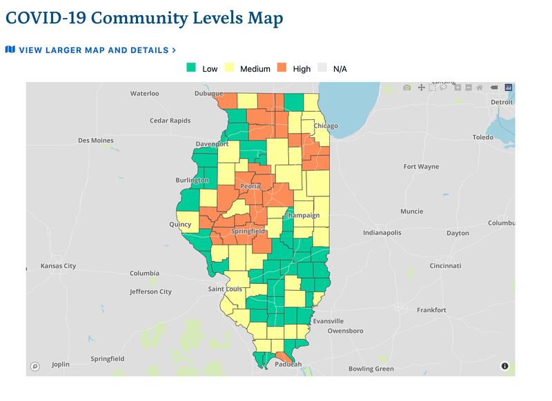 The updated COVID-19 community levels map as of June 17, 2022, according to new data from the CDC and Illinois Department of Public Health
