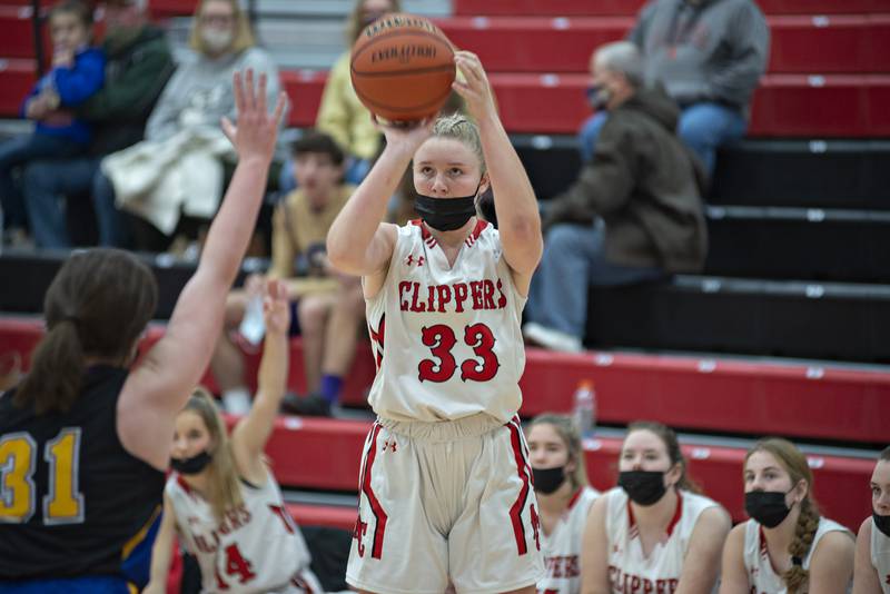 Amboy's Olivia Dinges puts up a shot against Somonauk in the third place game of the Amboy holiday tournament Thursday, Dec. 30, 2021.