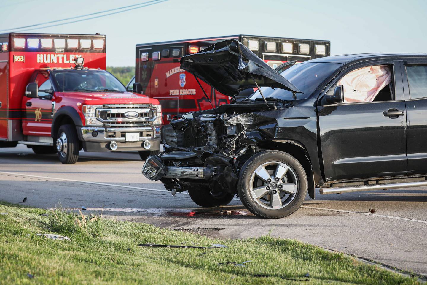 Marengo Fire & Rescue Districts and the Union Fire Protection District respond to a crash that injured three people May 18, 2025 in Marengo.