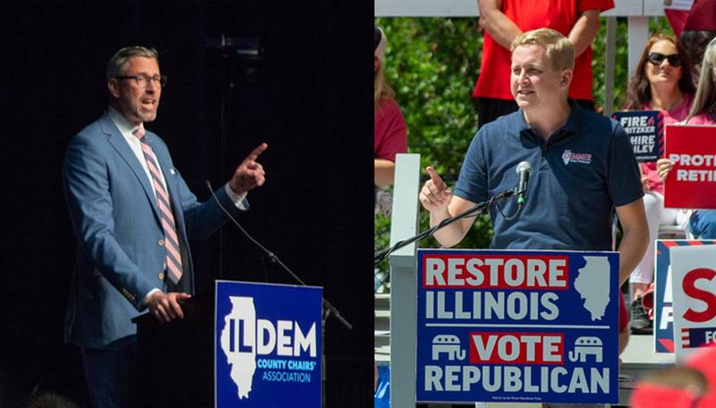 State Treasurer Michael Frerichs, left, and his opponent Tom Demmer are pictured during Illinois State Fair political days in Springfield.