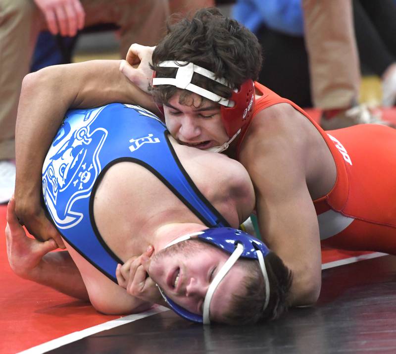 Oregon's Jayden Berry holds Galena's Dameon Polton (Galena in their 157-pound consolation final match at the 1A Stillman Valley Sectional on Saturday, Jan. 31, 2026 at Stillman Valley High School.