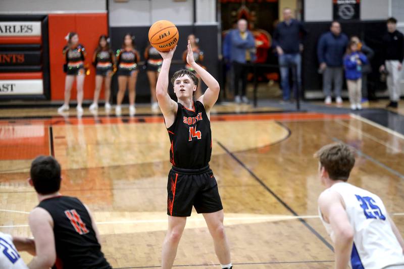 Wheaton Warrenville South's Sean Doherty shoots the ball during a Class 4A St. Charles East Sectional semifinal against Geneva on Wednesday, March 5, 2025 in St. Charles.