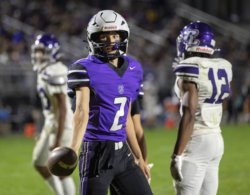 Dixon’s Cullen Shaner has the ball to the ref after a TD against Rockford Lutheran Friday, Sept. 27, 2024, at A.C. Bowers Field in Dixon.