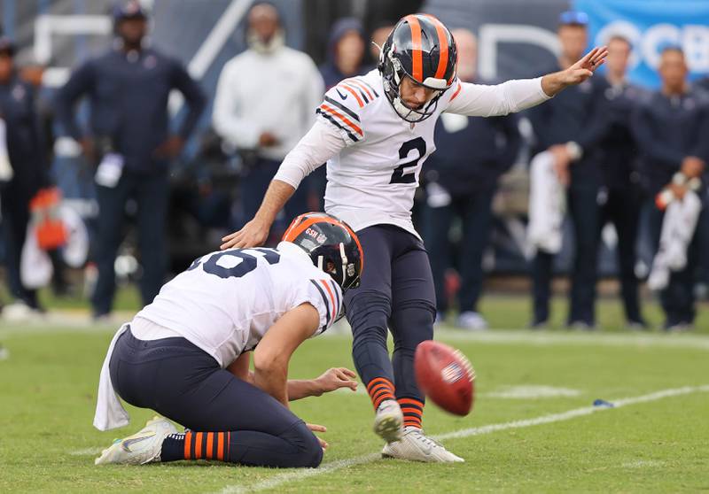 Chicago Bears place kicker Cairo Santos kicks the game-winning field goal as time expires giving the Bears a 23-20 win over the Houston Texans Sunday, Sept. 25, 2022, at Soldier Field in Chicago.