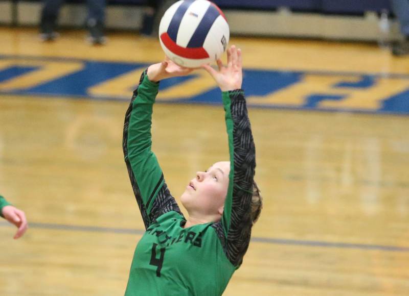 Leland's Tinley Wold sets the ball in the air against Earlville during the Class 1A Regional semifinals on Monday, Oct. 27, 2025 at Somonauk High School.