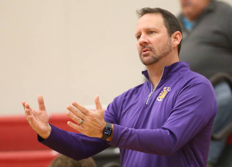 Mendota head boys basketball coach Steve Wasmer coaches his team against Stillman Valley during the 49th annual Colmone Classic Tournament on Wednesday, Dec. 6, 2023 at Hall High School.