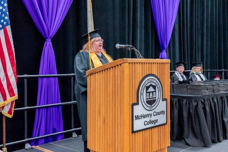 Student speaker Ramona Henderson addresses graduates on May 17, 2025, at McHenry County College Spring Commencement Ceremony.