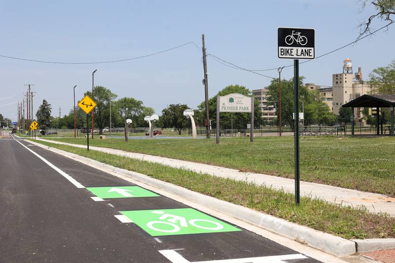 Hobbie Avenue nears completion in front of Pioneer Park in Kankakee on Monday. The long-awaited reopening of the road will occur following the Juneteenth Parade on Saturday, June 21, 2025.