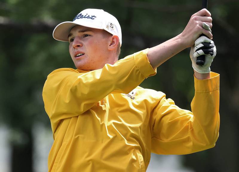 Sterling’s Grant Hartman tees off on the seventh hole Monday, Aug. 25, 2025, during the Mark Rolfing Cup at the Kishwaukee Country Club in DeKalb.
