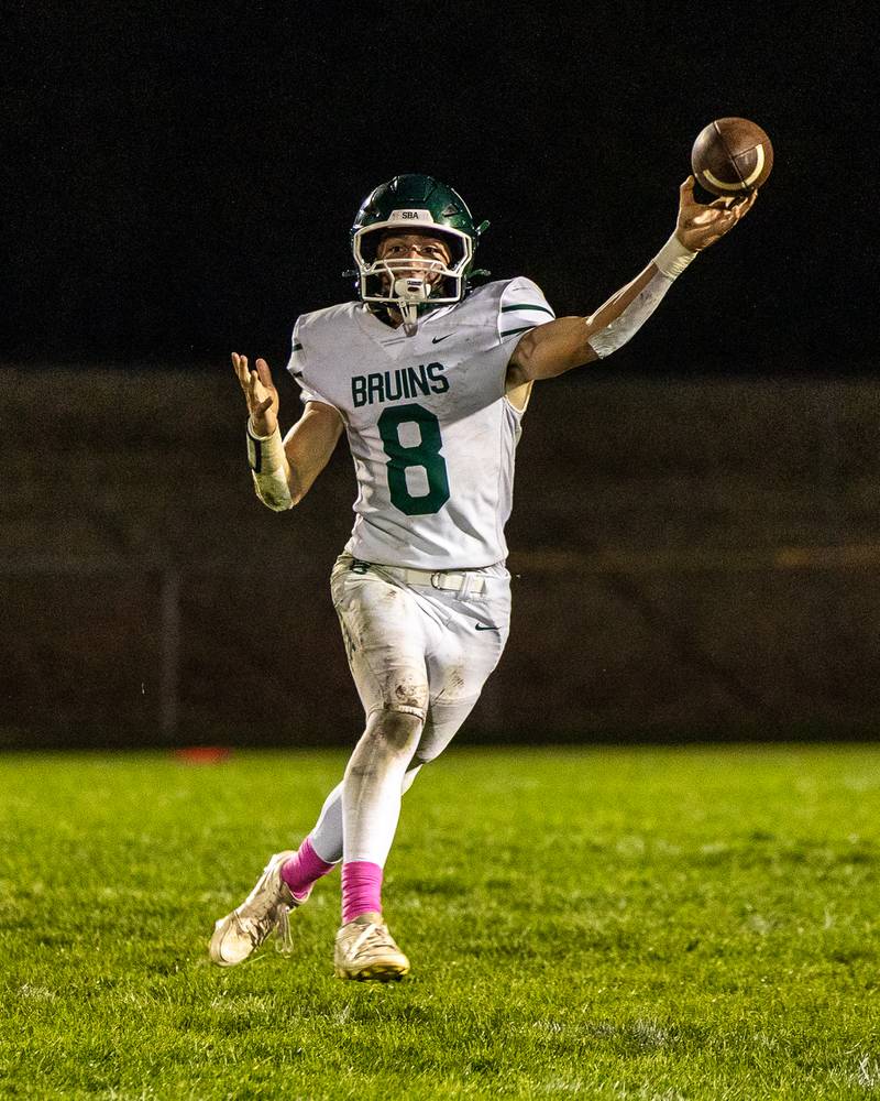 Quarterback Gino Ferrari (8) of St. Bede throws pass on Friday, Oct. 10, 2025 at Seneca High School in Seneca.