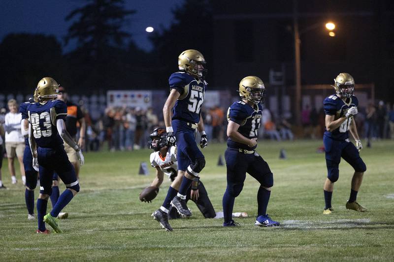Polo’s Ethan Dewey celebrates tackle against Milledgeville Friday, Sept. 19, 2025.