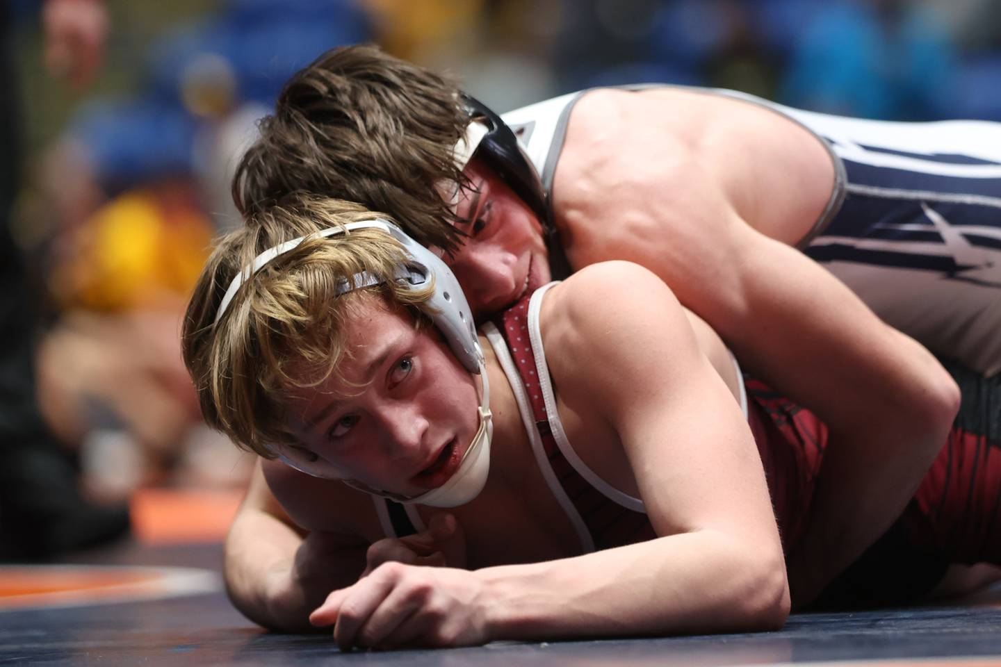 Yorkville Christian’s Grason Johnson works over Tremont’s Bowden Delaney in the Class 1A 126 pound dual team championship match at Grossinger Motor Arena in Bloomington. Saturday, Feb. 26, 2022, in Champaign.