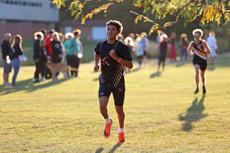 Bradley-Bourbonnais' Trey Lawrence nears the finish line in the boys 3-mile race during All-Area Cross Country meet on Wednesday, Oct. 8, 2025, at Kankakee Community College.