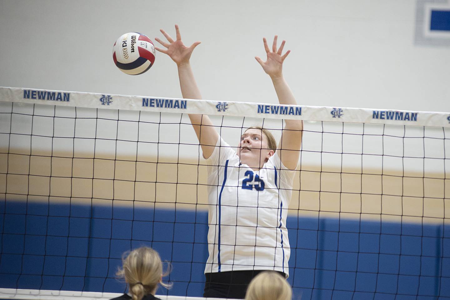 Princeton’s Morgan Foes goes up to block a shot Thursday, Sept. 15, 2022 against Newman.