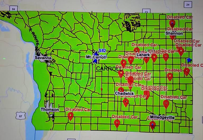 The Carroll County Sheriff's Department provided this map on Saturday morning showing where cars were abandoned due to the winter storm that spread across northern Illinois.