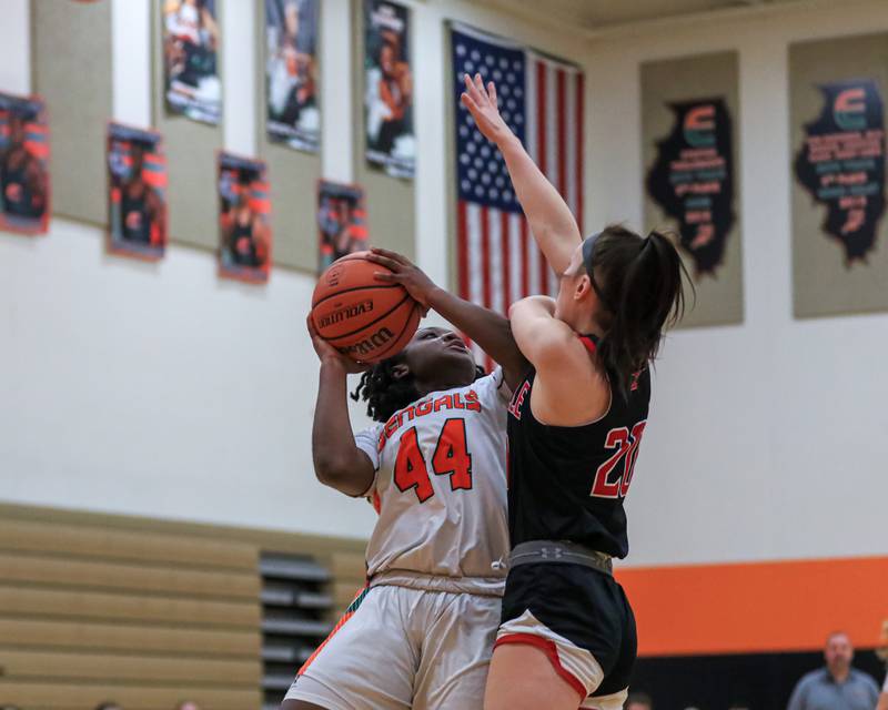 Plainfield East's Nia Wilkerson (44) puts up a shot during varsity basketball game between Yorkville at Plainfield East.  Jan 3, 2023.