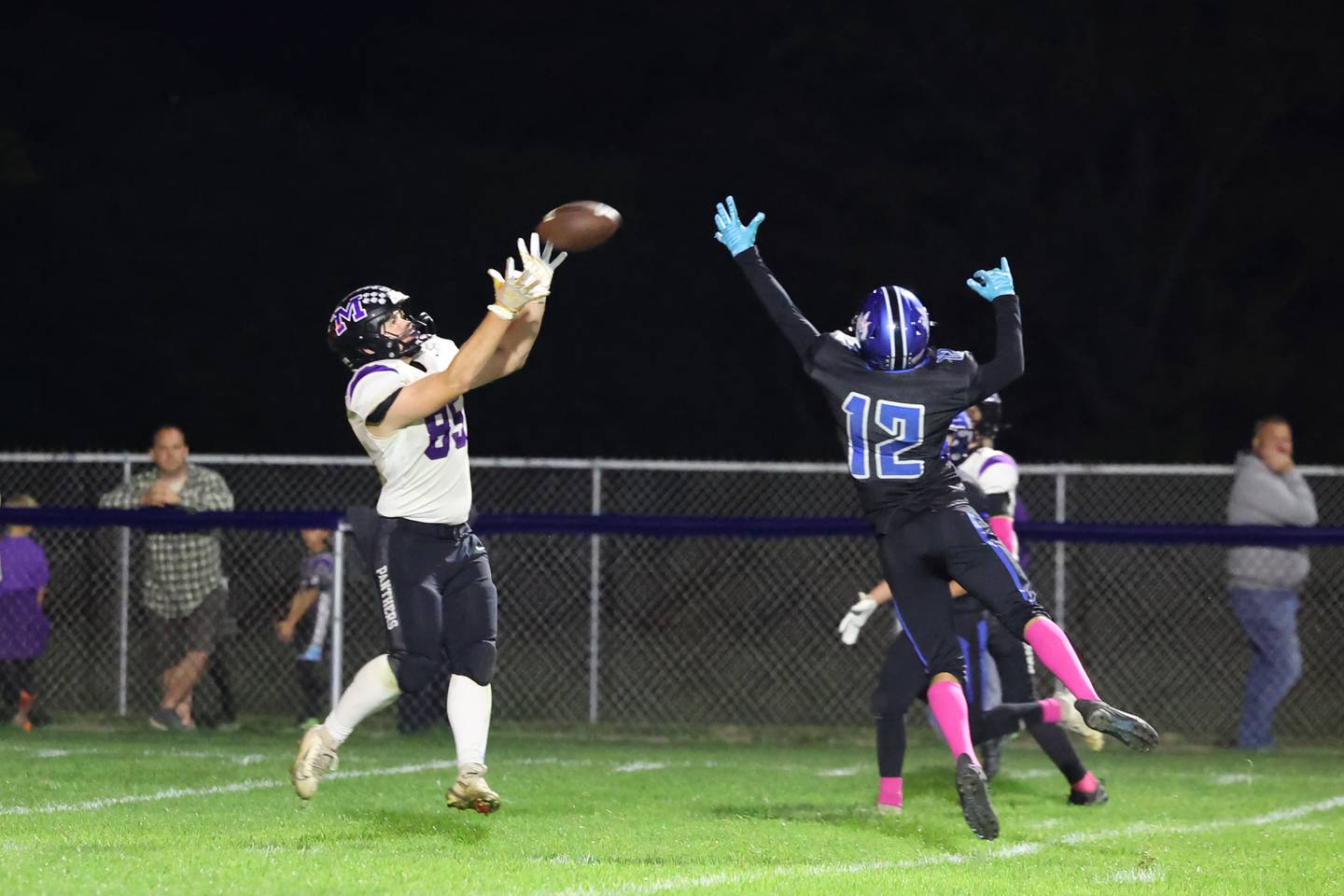 Manteno's Jake Stevens catches a pass ahead of scoring the go-ahead touchdown during the Panthers' 25-20 victory over Peotone on Friday, Oct. 17, 2025, in the annual Rumble on Route 50 rivalry game.