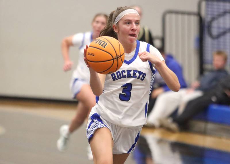 Burlington Central’s Julia Scheuer leads a fast break against Sycamore in girls basketball at Burlington Central High School in Burlington on Tuesday, November 18, 2025.
