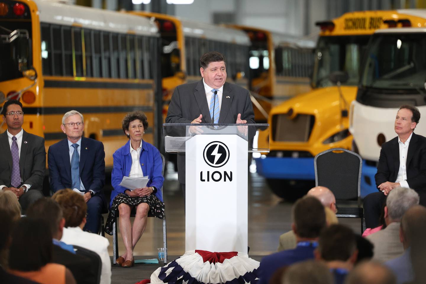 Governor JB Pritzker speaks at the grand opening of the Lion Electric manufacturing facility on Friday, July 21st, 2023 in Joliet.