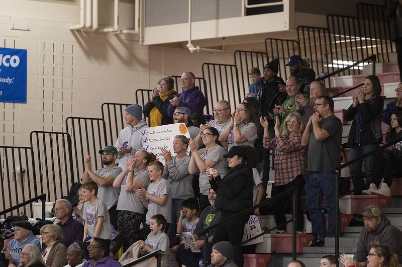 Fans and family of Dixon’s Darius Harrington celebrate his record breaking basket Tuesday, Feb. 4, 2025, in Oregon.
