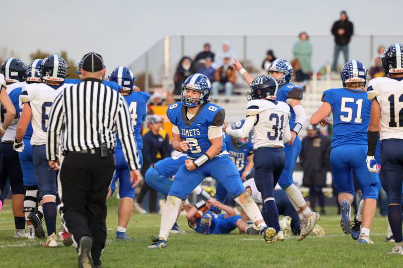 Clifton Central's Owen Palmateer rejoices as teammate Evan Cox, in background, recovered a fumble during the Comets' 24-6 victory over Knoxville in the Class 1A first-round playoff game on Saturday, Nov. 1, 2025.