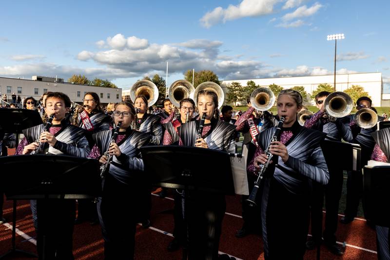 The Lockport Township High School marching band performs The National Anthem prior to the varsity football game between Lockport and Lincoln-Way West on Sept. 5, 2025.