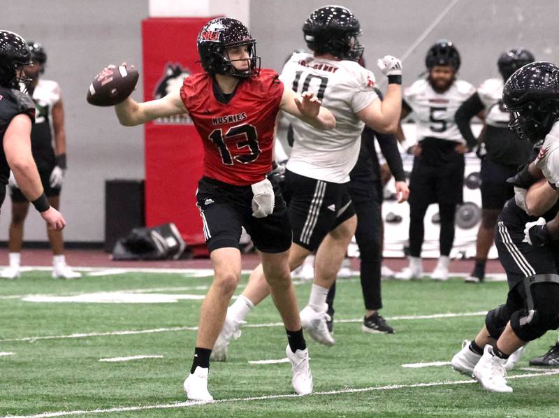 Northern Illinois quarterback Luke Marble throws a pass during the first spring football practice Thursday, March 27, 2025, in the Chessick Practice Center at NIU in DeKalb.