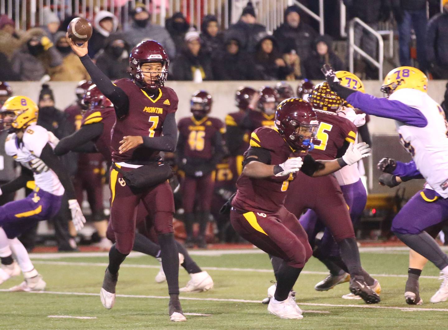 Montini quarterback Israel Abrams throws a pass against Monticello during the Class 3A State football championship on Friday, Nov. 29, 2024 at Hancock Stadium in Normal.