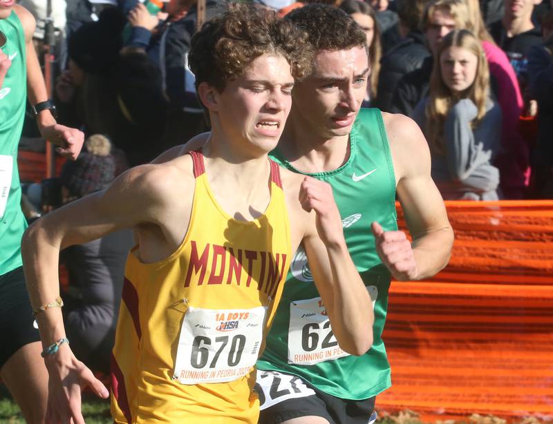 Montini's Nolan Ferris (left) competes in the Class 1A State Cross Country race on Saturday, Nov. 4, 2023 at Detweiller Park in Peoria.