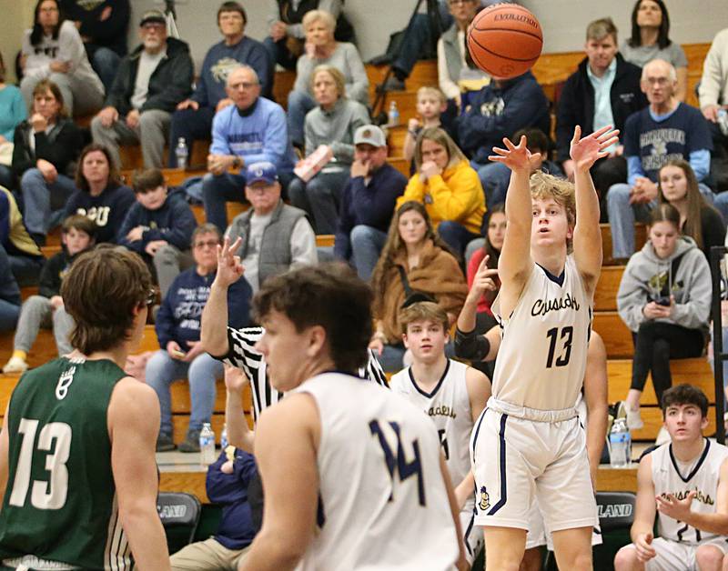 Marquette's Griffin Walker shoots a wide open jump shot against St. Bede in the Class 1A Regional semifinal on Wednesday, Feb. 22, 2023 at Midland High School.
