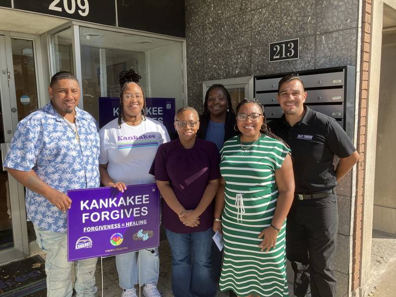 Pictured from left are TJ Phillips, outreach worker; Kashawna Roberts, outreach worker; Kimberely Cunningham, administrative assistant; Portia Cephus, interim executive director; Kephren Lee, victim services supervisor, all with Kankakee Forgives and Gabriel Garcia, violence prevention community convener with Joliet Township.