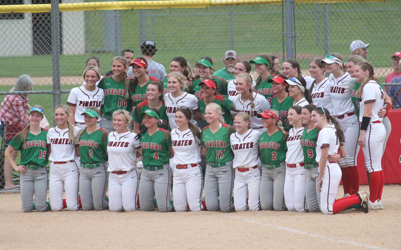 Members of the L-P and Ottawa softball teams pose together for a group photo after the game on Wednesday, May 7, 2025 at Ottawa High School. L-P defeated Ottawa by a final of 1-0.