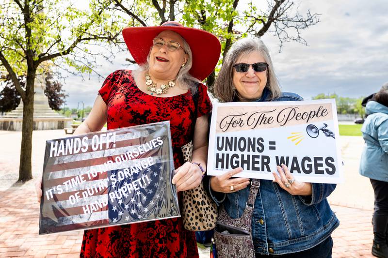Joliet resident Eva-Genevieve Scarborough and Angel DiPasquale (Crest Hill) participate in the May Day Weekend Rally in Downtown Joliet on May 3, 2025.