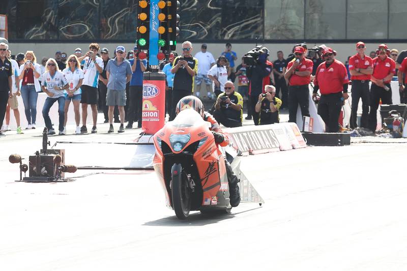 Gaige Herrera takes off and wins the Pro Stock Motorcycle championship race at the NHRA’s Gerber Collision and Glass Route 66 Nationals at Route 66 Raceway on Sunday, May 19, 2024 in Joliet.