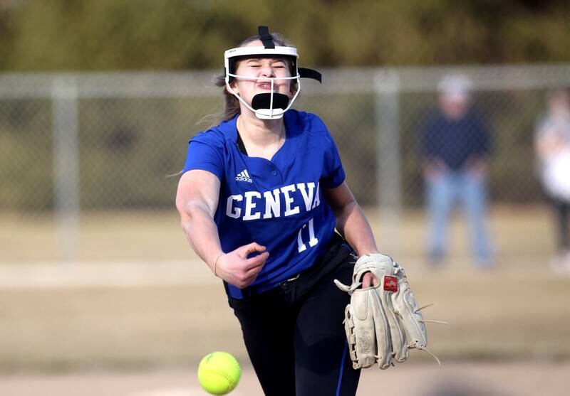 Geneva’s Nora Faulkner pitches during a game at West Aurora during a home game on Wednesday, March 16, 2022.