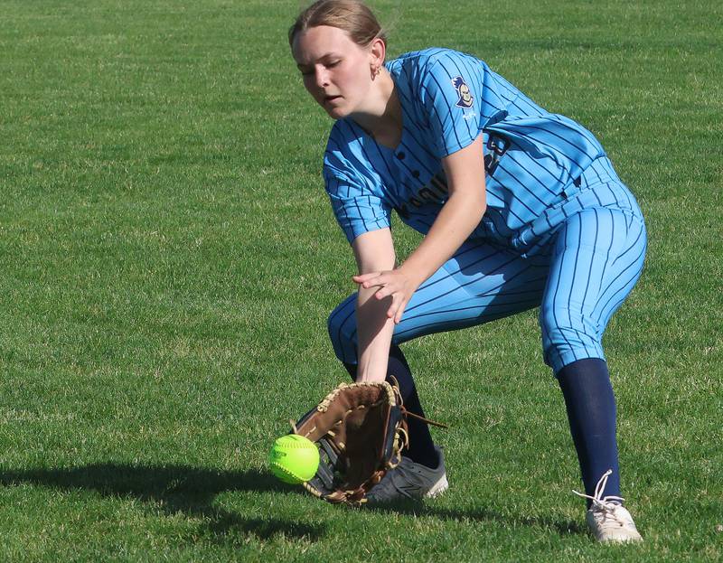 Marquette's Taylor Gamons fields a ground ball on Monday, May 11, 2026 at June Gross Field in Ottawa.