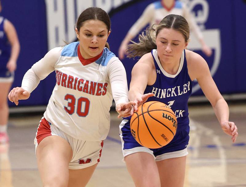Marian Central's Julia Dovidio and Hinckley-Big Rock's Payton Murphy go after a loose ball Monday, Feb. 16, 2026, during their regional semifinal game at Hinckley-Big Rock High School.